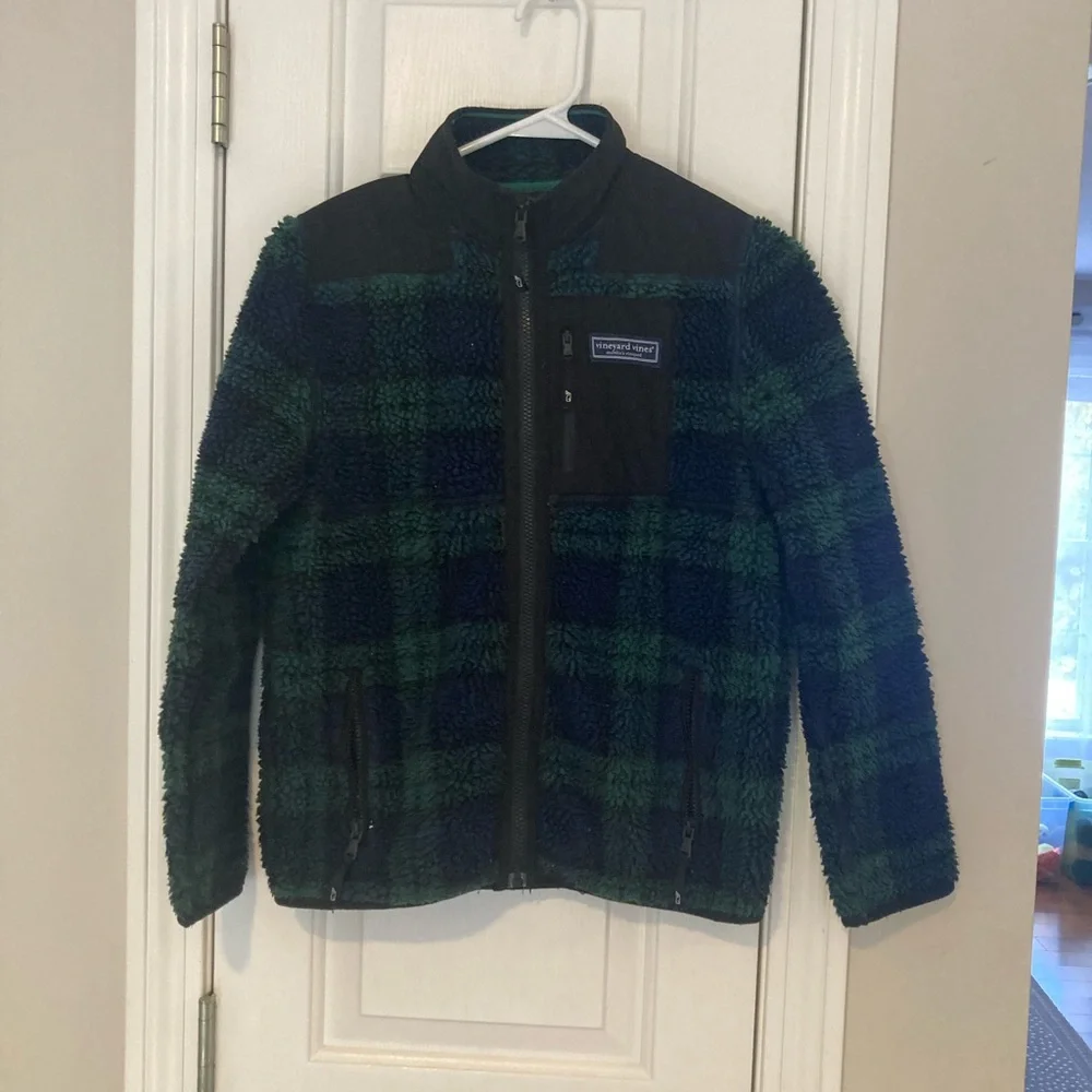 Vineyard Vines Kids Plaid Fleece Jacket - Green and Blue - Picture 1 of 7